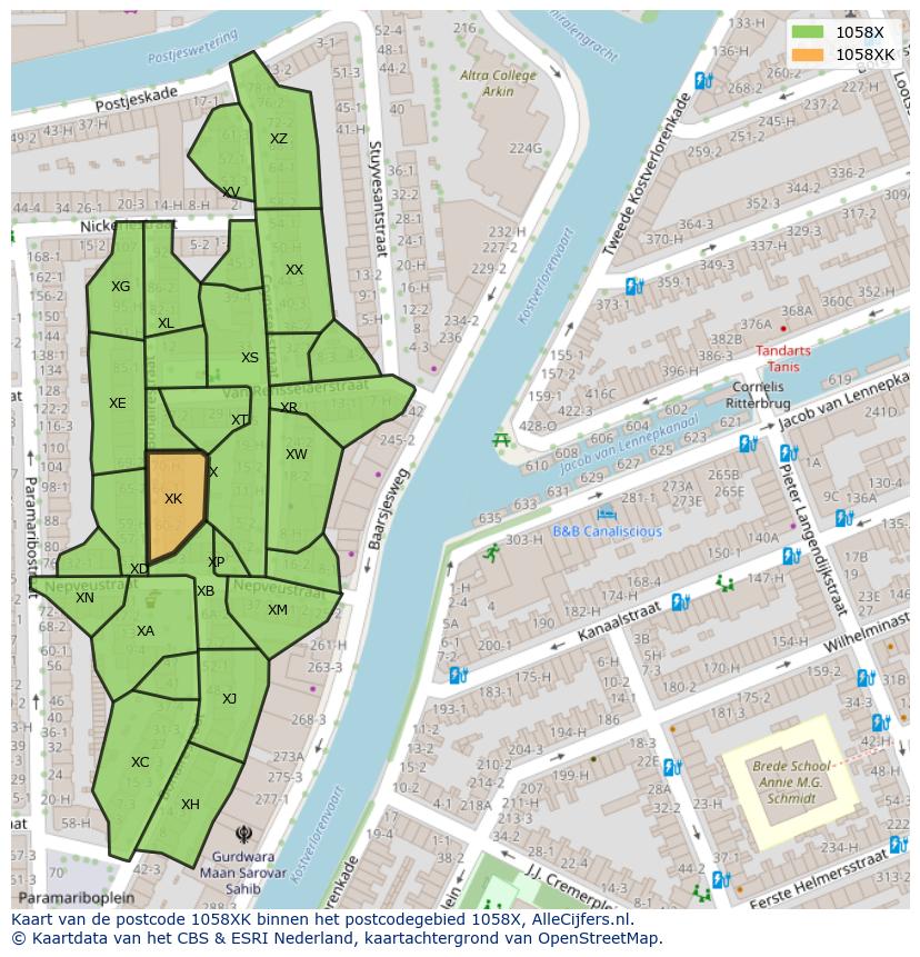 Afbeelding van het postcodegebied 1058 XK op de kaart.