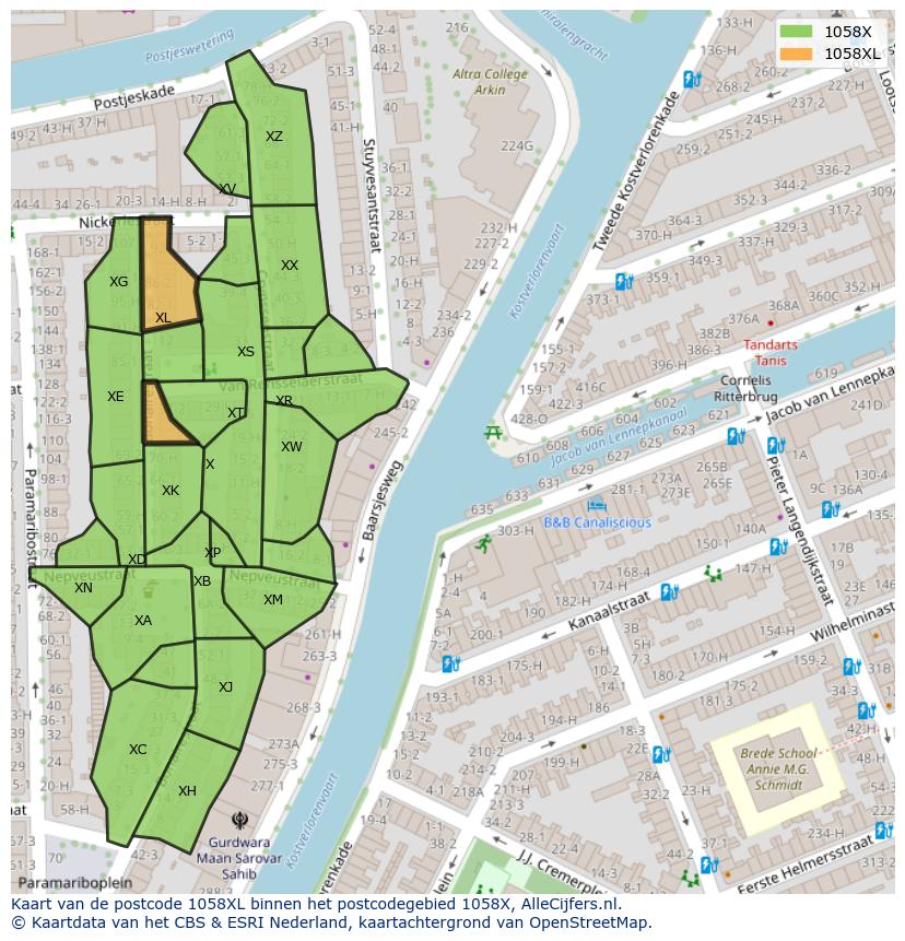 Afbeelding van het postcodegebied 1058 XL op de kaart.