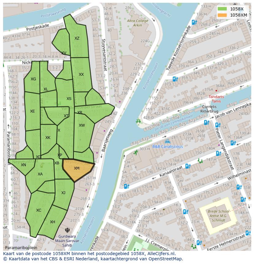 Afbeelding van het postcodegebied 1058 XM op de kaart.