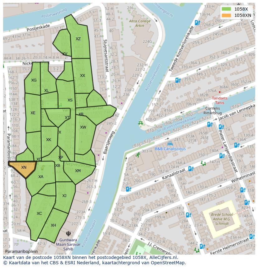 Afbeelding van het postcodegebied 1058 XN op de kaart.