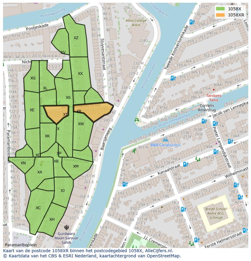 Afbeelding van het postcodegebied 1058 XR op de kaart.