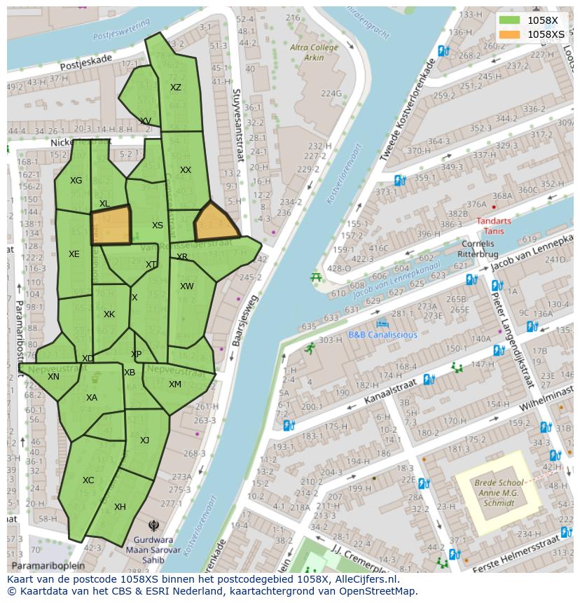 Afbeelding van het postcodegebied 1058 XS op de kaart.