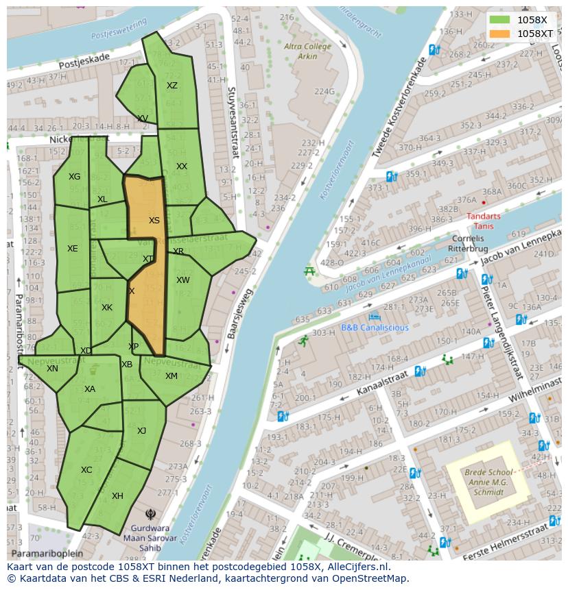Afbeelding van het postcodegebied 1058 XT op de kaart.