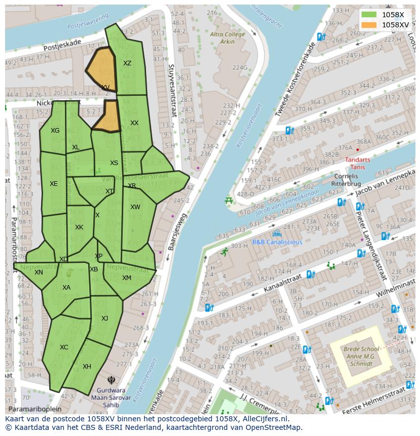 Afbeelding van het postcodegebied 1058 XV op de kaart.