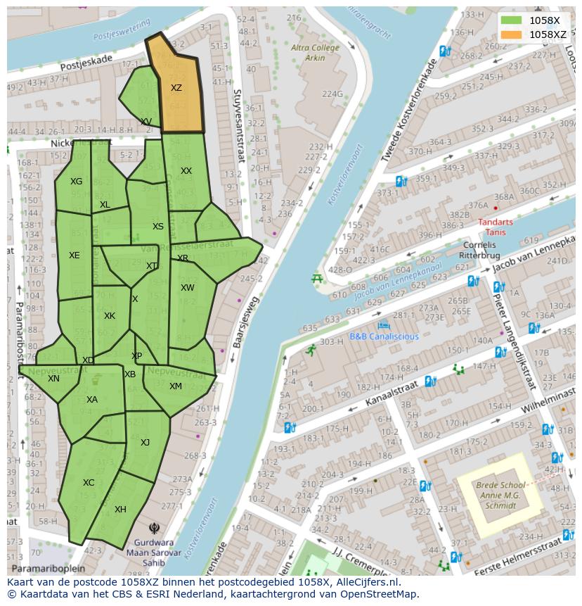 Afbeelding van het postcodegebied 1058 XZ op de kaart.