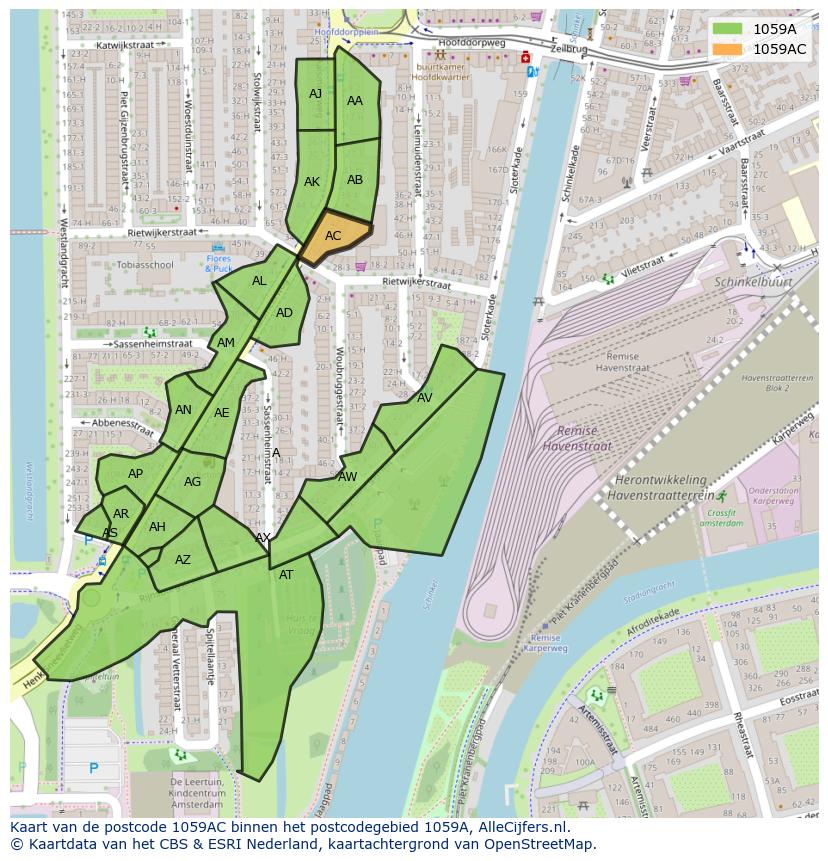 Afbeelding van het postcodegebied 1059 AC op de kaart.
