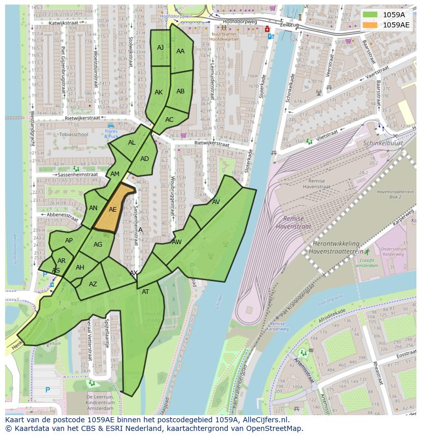 Afbeelding van het postcodegebied 1059 AE op de kaart.