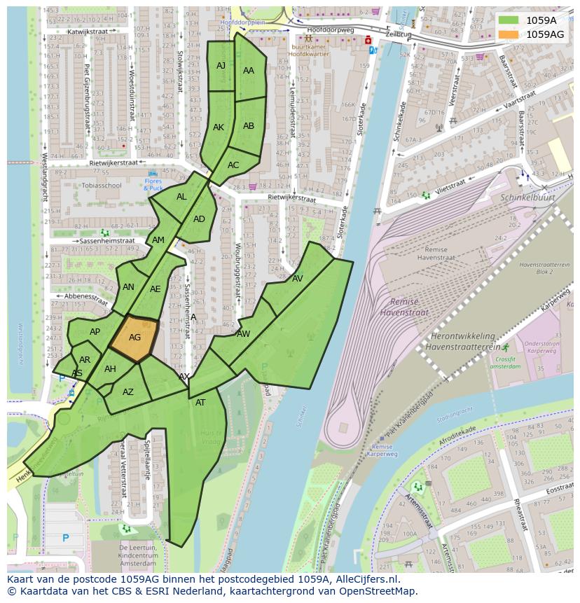 Afbeelding van het postcodegebied 1059 AG op de kaart.