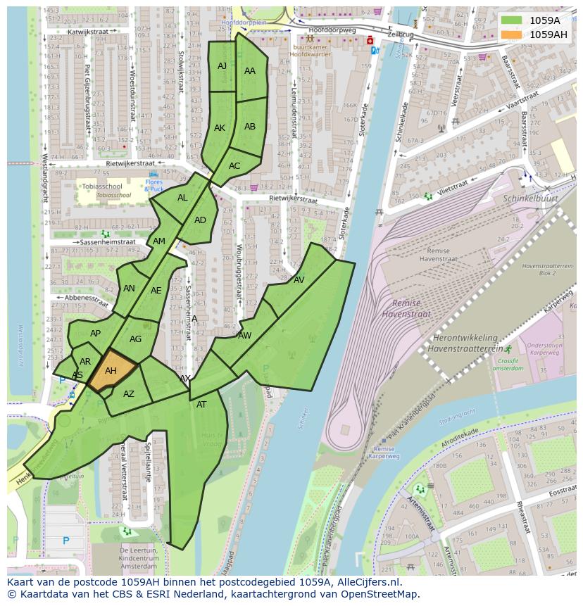 Afbeelding van het postcodegebied 1059 AH op de kaart.