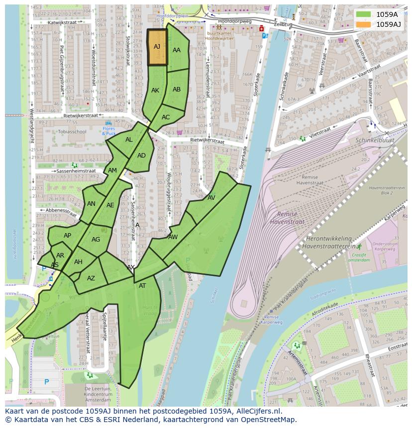 Afbeelding van het postcodegebied 1059 AJ op de kaart.