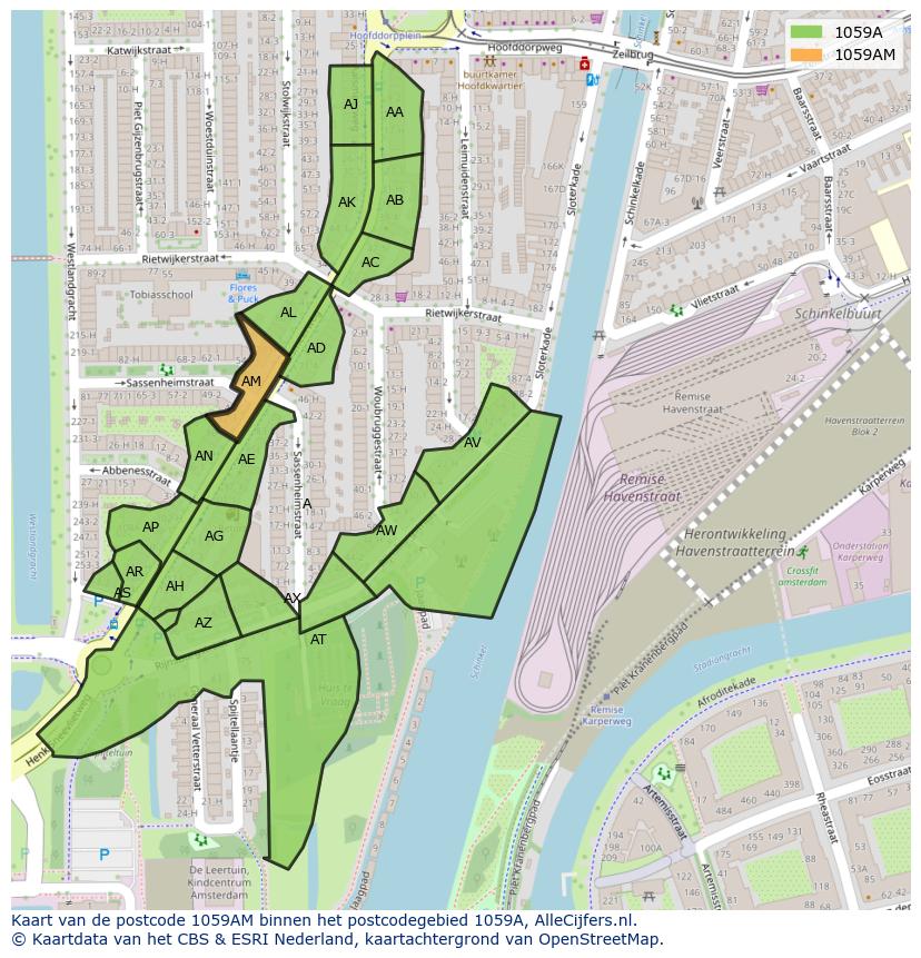 Afbeelding van het postcodegebied 1059 AM op de kaart.