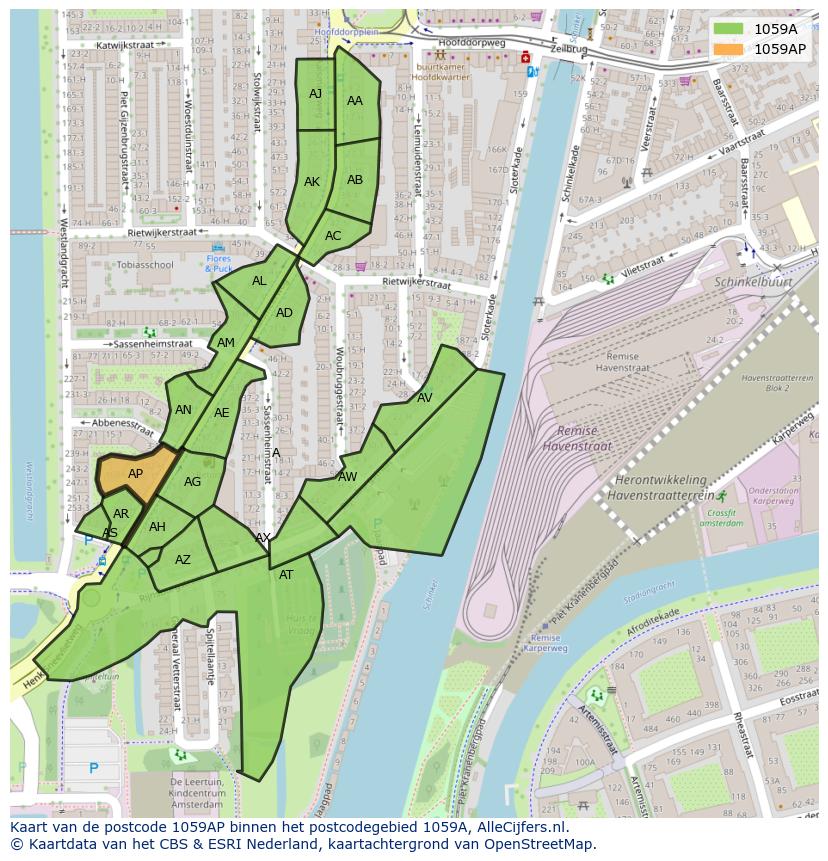 Afbeelding van het postcodegebied 1059 AP op de kaart.