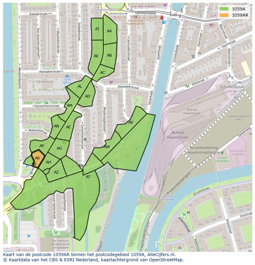 Afbeelding van het postcodegebied 1059 AR op de kaart.