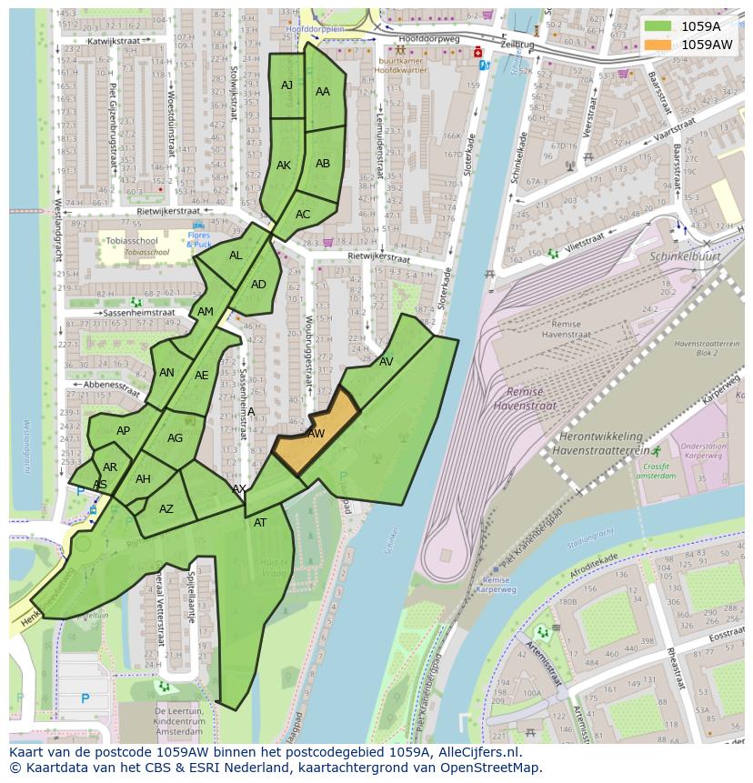 Afbeelding van het postcodegebied 1059 AW op de kaart.