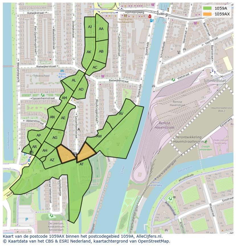 Afbeelding van het postcodegebied 1059 AX op de kaart.