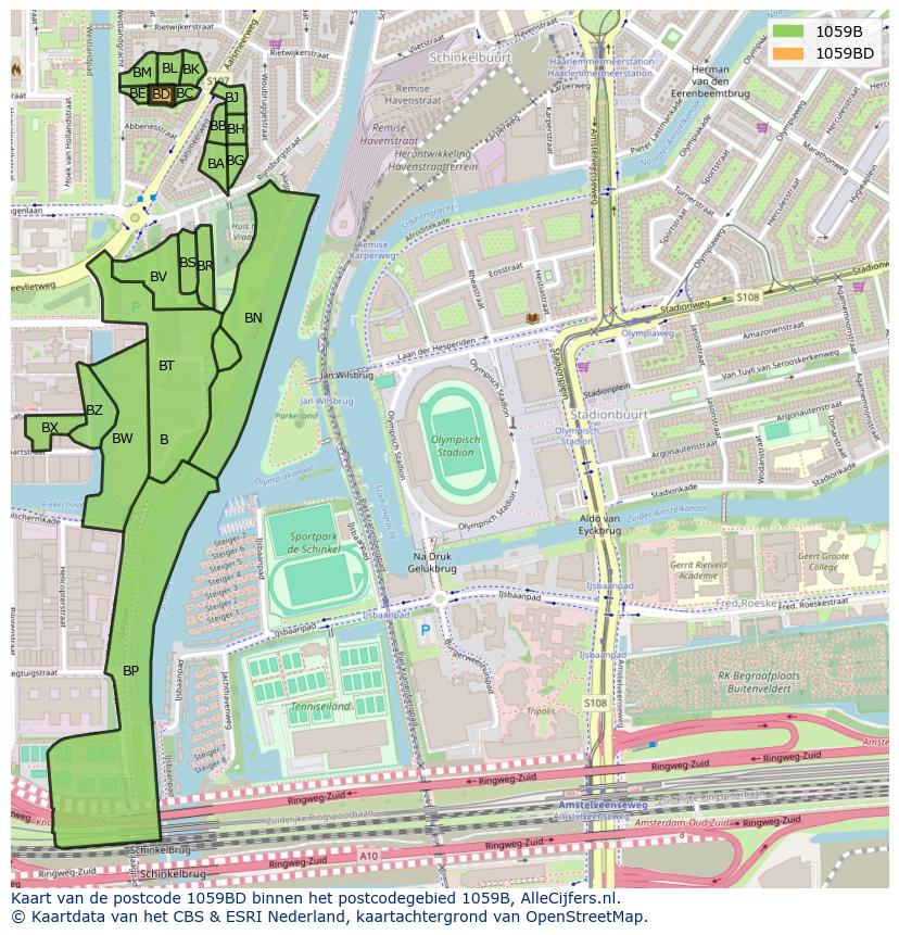 Afbeelding van het postcodegebied 1059 BD op de kaart.