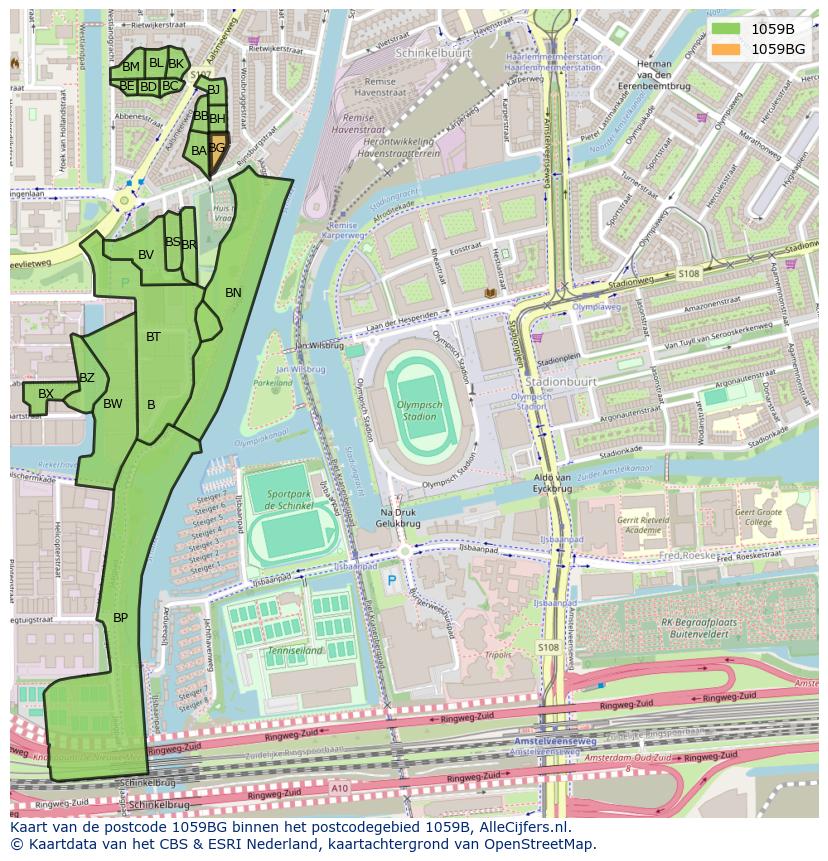 Afbeelding van het postcodegebied 1059 BG op de kaart.
