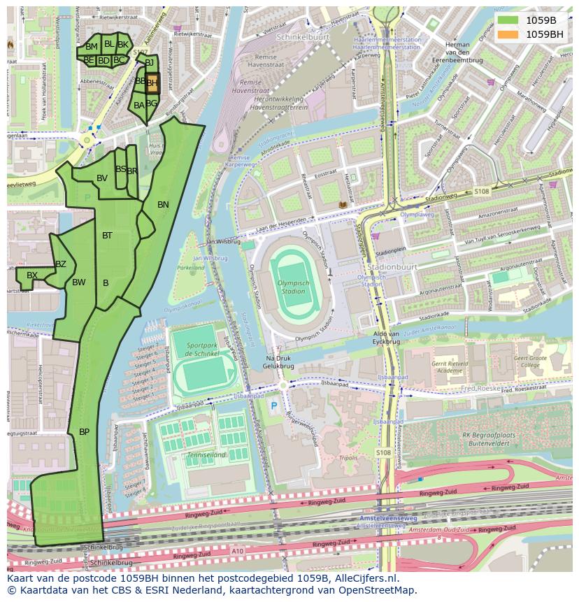 Afbeelding van het postcodegebied 1059 BH op de kaart.