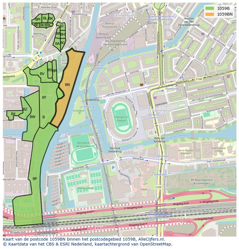 Afbeelding van het postcodegebied 1059 BN op de kaart.