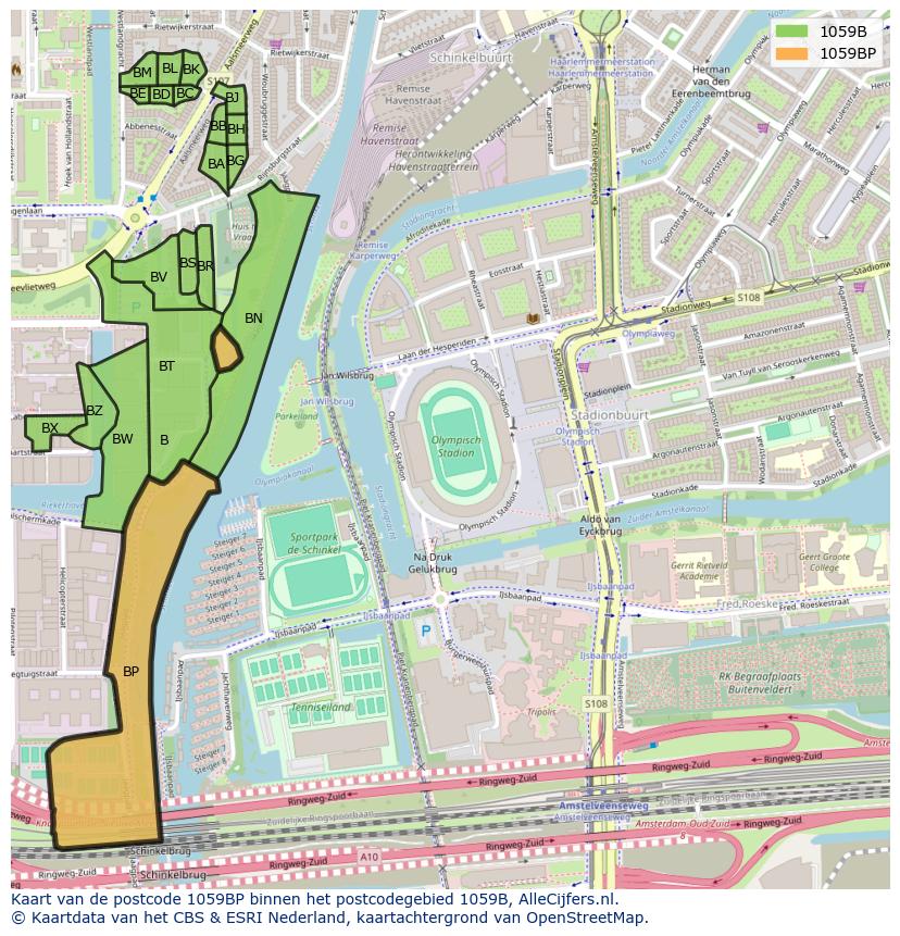 Afbeelding van het postcodegebied 1059 BP op de kaart.