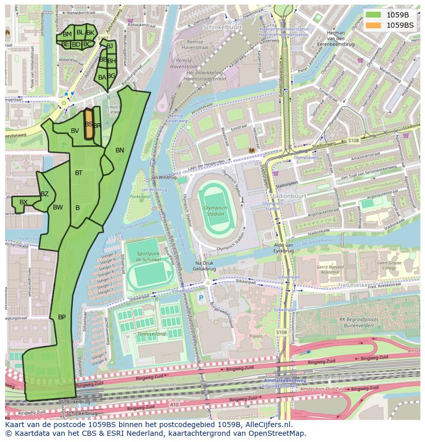 Afbeelding van het postcodegebied 1059 BS op de kaart.