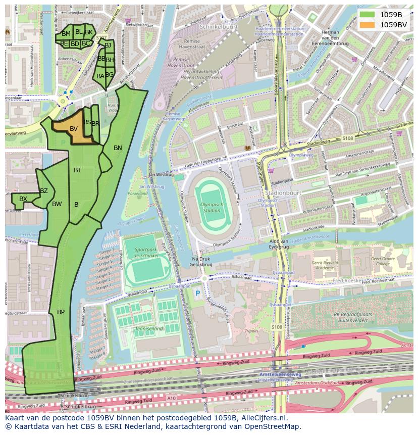 Afbeelding van het postcodegebied 1059 BV op de kaart.