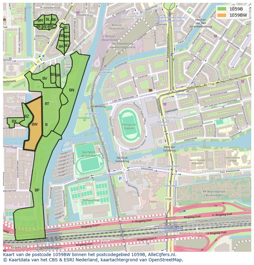 Afbeelding van het postcodegebied 1059 BW op de kaart.