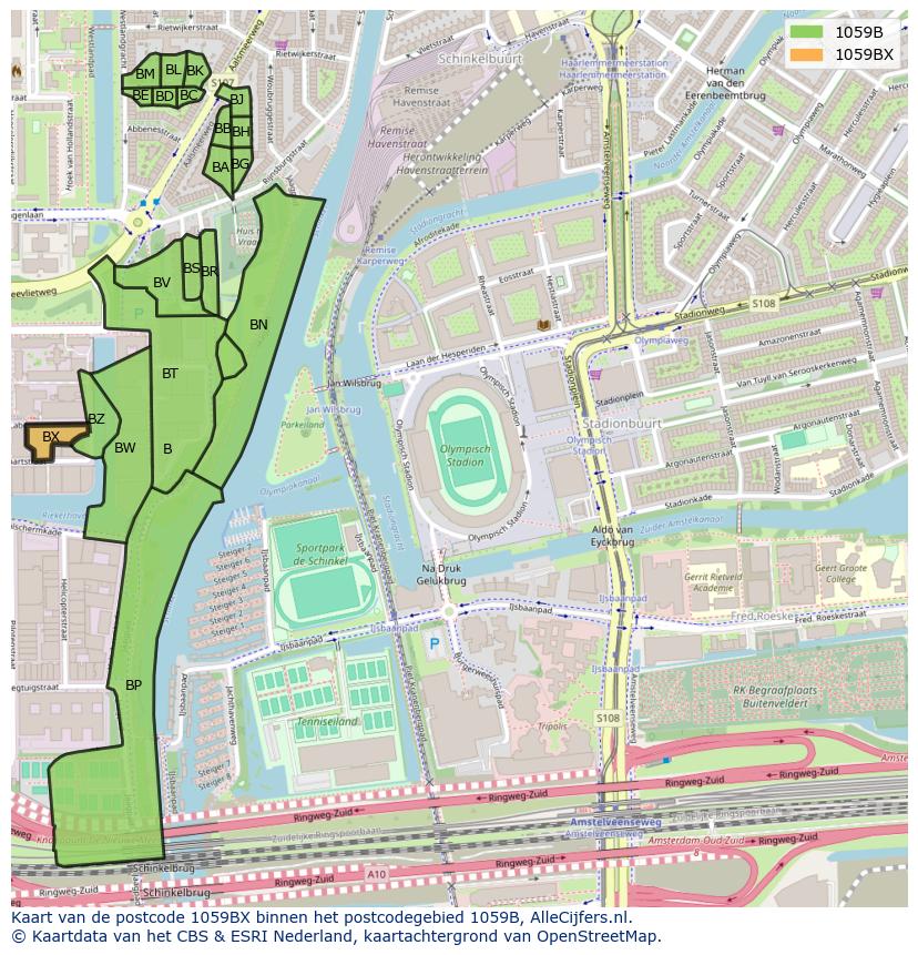 Afbeelding van het postcodegebied 1059 BX op de kaart.