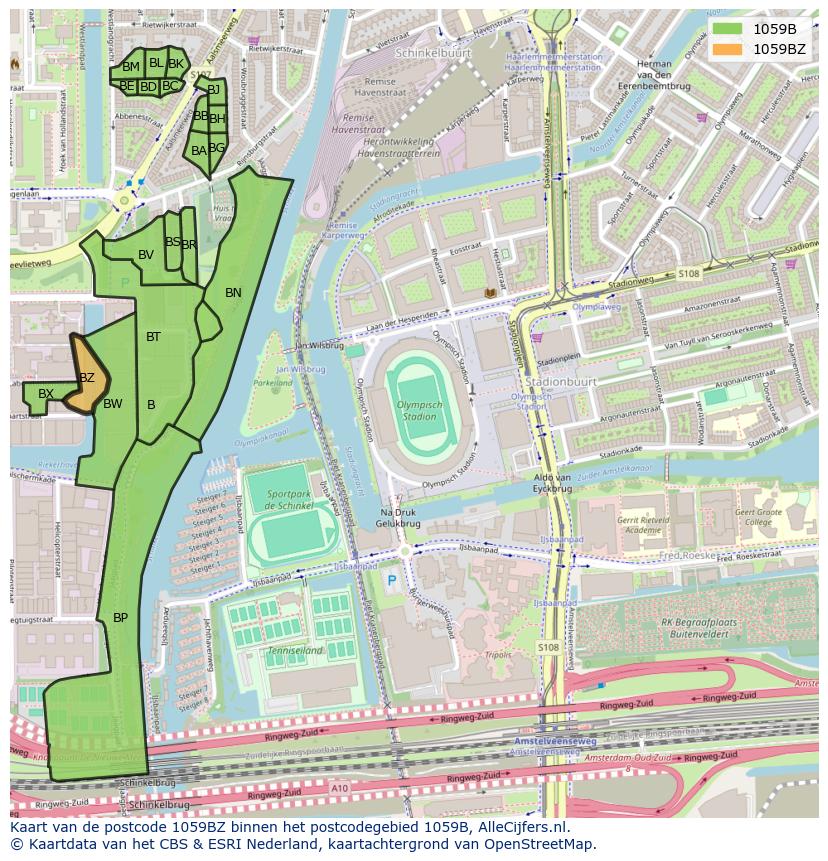 Afbeelding van het postcodegebied 1059 BZ op de kaart.