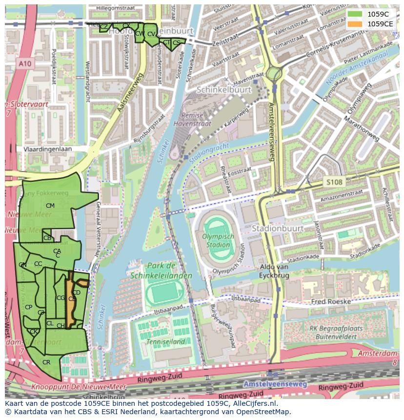 Afbeelding van het postcodegebied 1059 CE op de kaart.