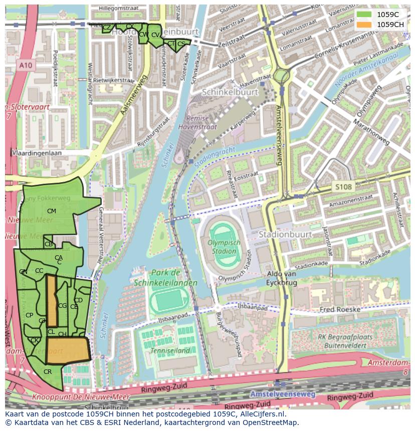 Afbeelding van het postcodegebied 1059 CH op de kaart.