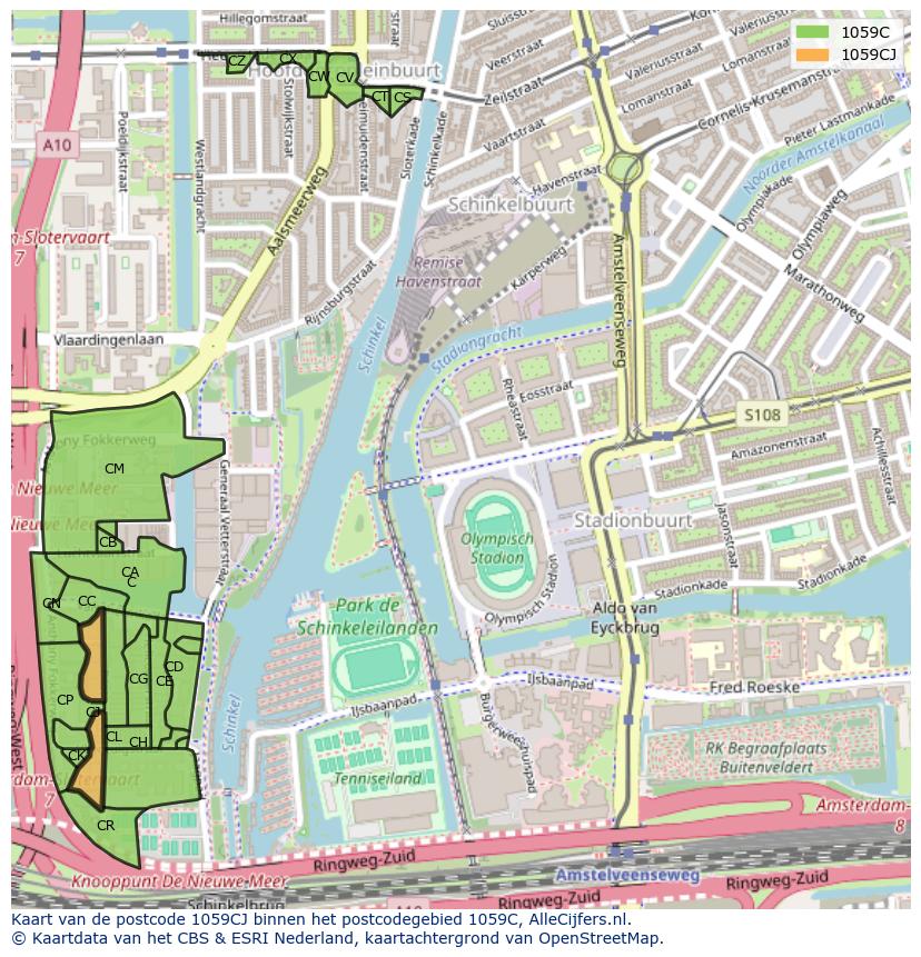 Afbeelding van het postcodegebied 1059 CJ op de kaart.