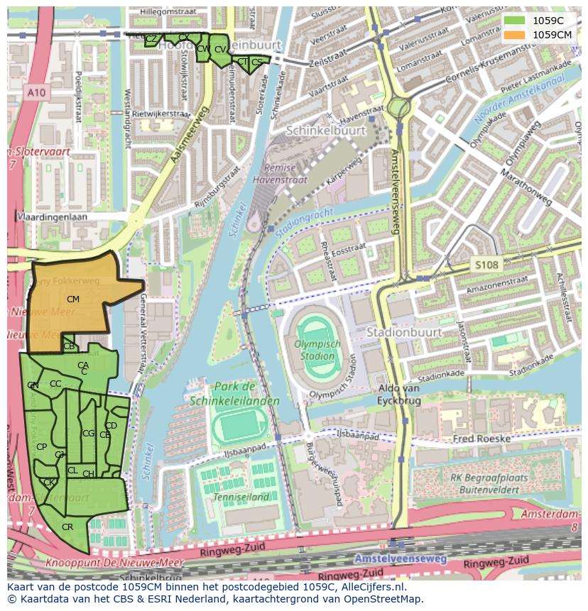 Afbeelding van het postcodegebied 1059 CM op de kaart.