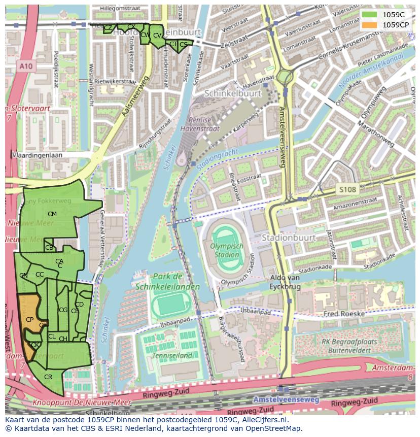 Afbeelding van het postcodegebied 1059 CP op de kaart.