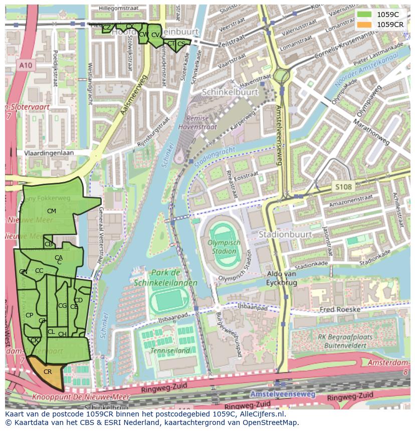 Afbeelding van het postcodegebied 1059 CR op de kaart.
