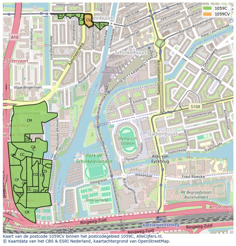 Afbeelding van het postcodegebied 1059 CV op de kaart.