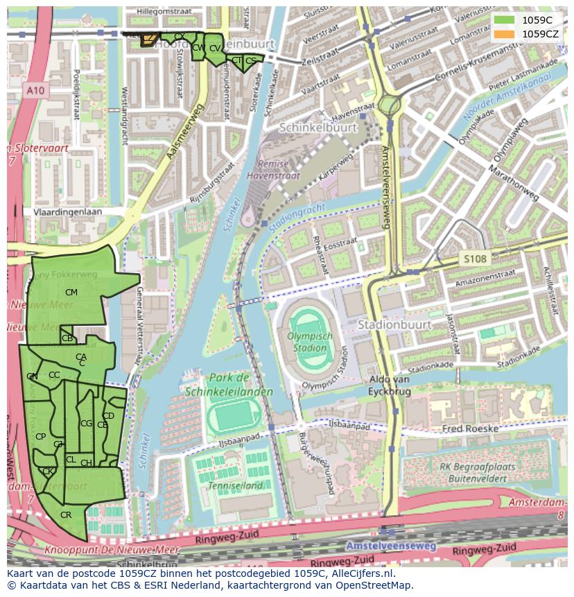 Afbeelding van het postcodegebied 1059 CZ op de kaart.