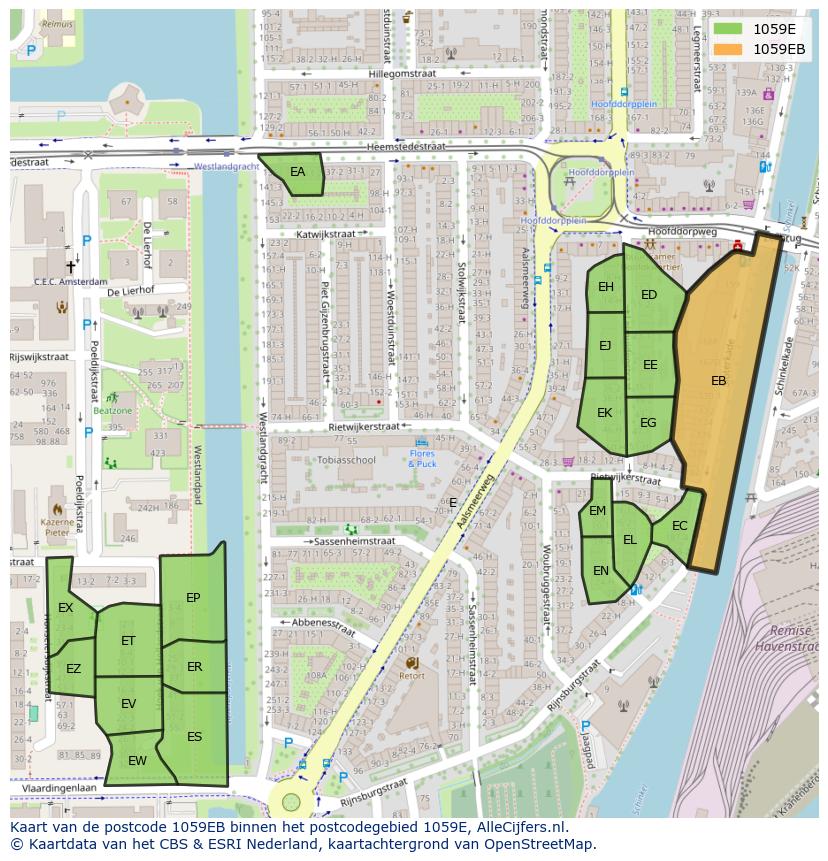 Afbeelding van het postcodegebied 1059 EB op de kaart.
