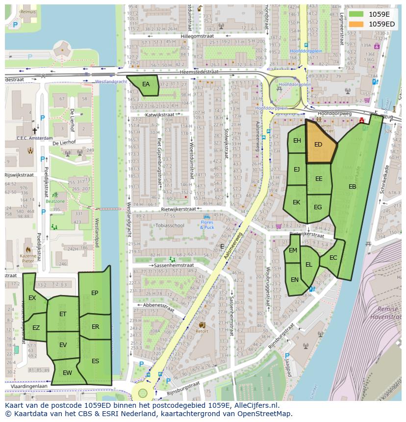 Afbeelding van het postcodegebied 1059 ED op de kaart.