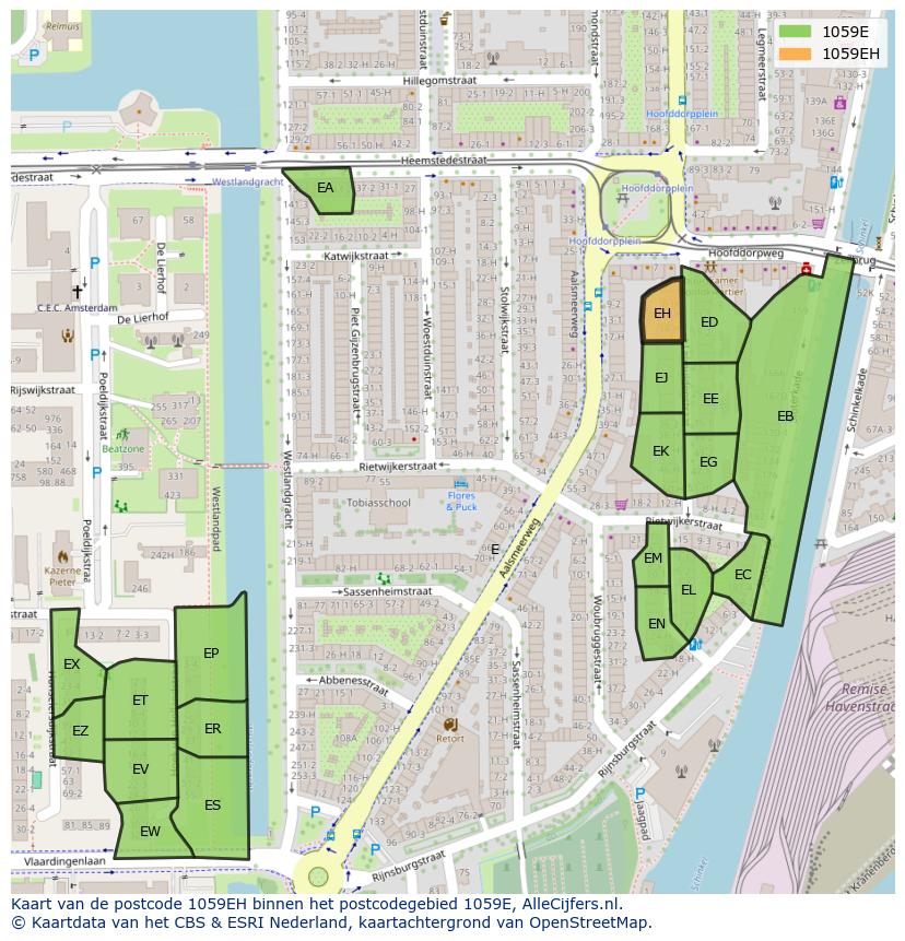 Afbeelding van het postcodegebied 1059 EH op de kaart.