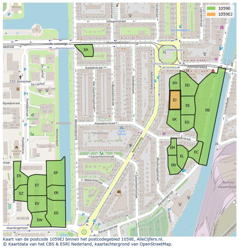 Afbeelding van het postcodegebied 1059 EJ op de kaart.