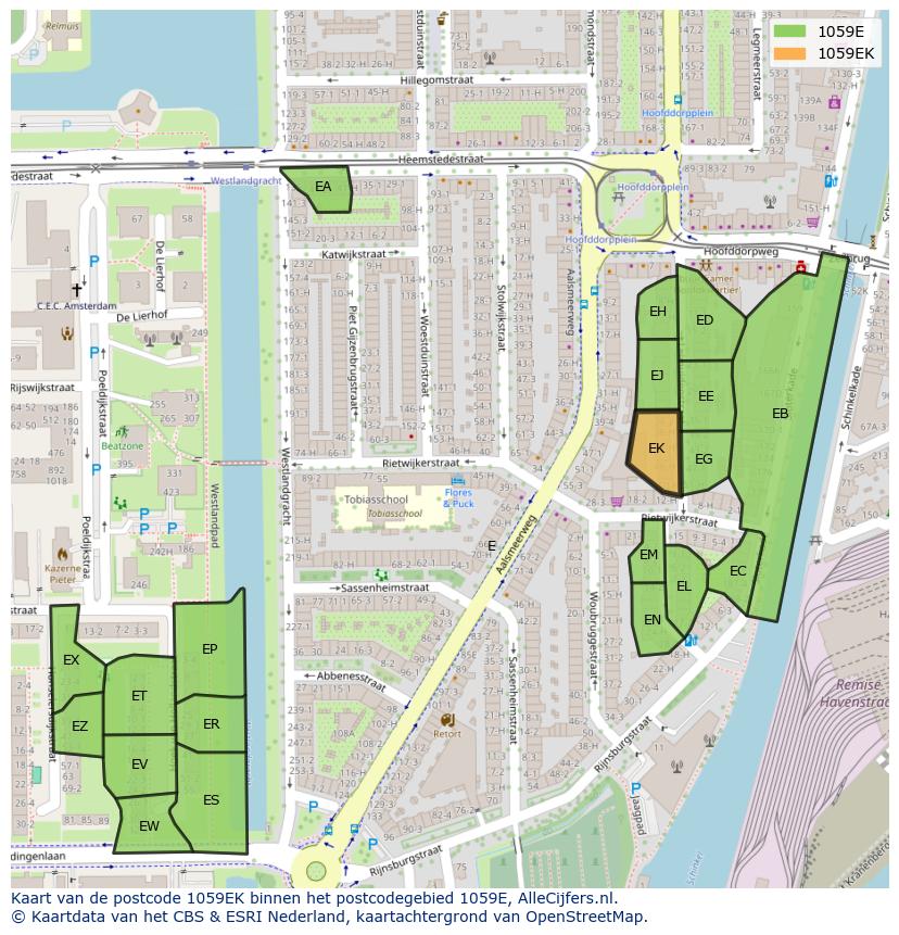 Afbeelding van het postcodegebied 1059 EK op de kaart.