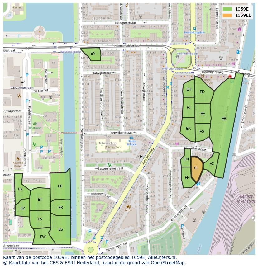 Afbeelding van het postcodegebied 1059 EL op de kaart.