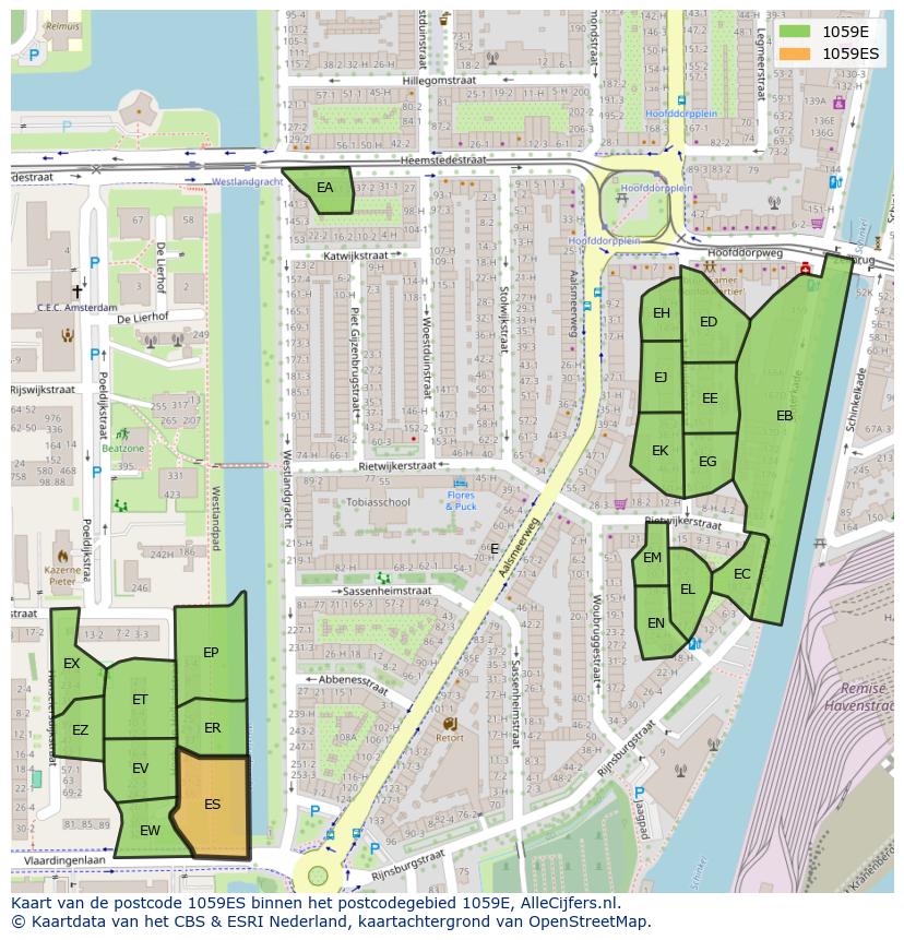 Afbeelding van het postcodegebied 1059 ES op de kaart.