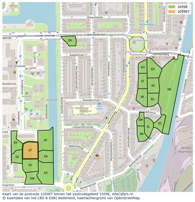 Afbeelding van het postcodegebied 1059 ET op de kaart.