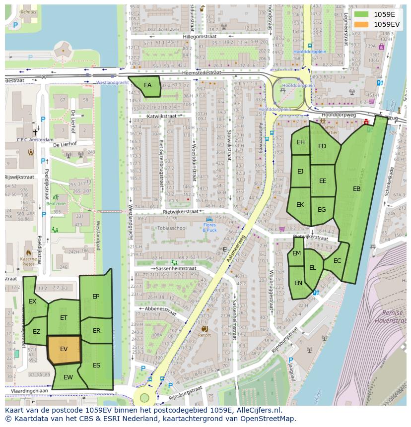 Afbeelding van het postcodegebied 1059 EV op de kaart.