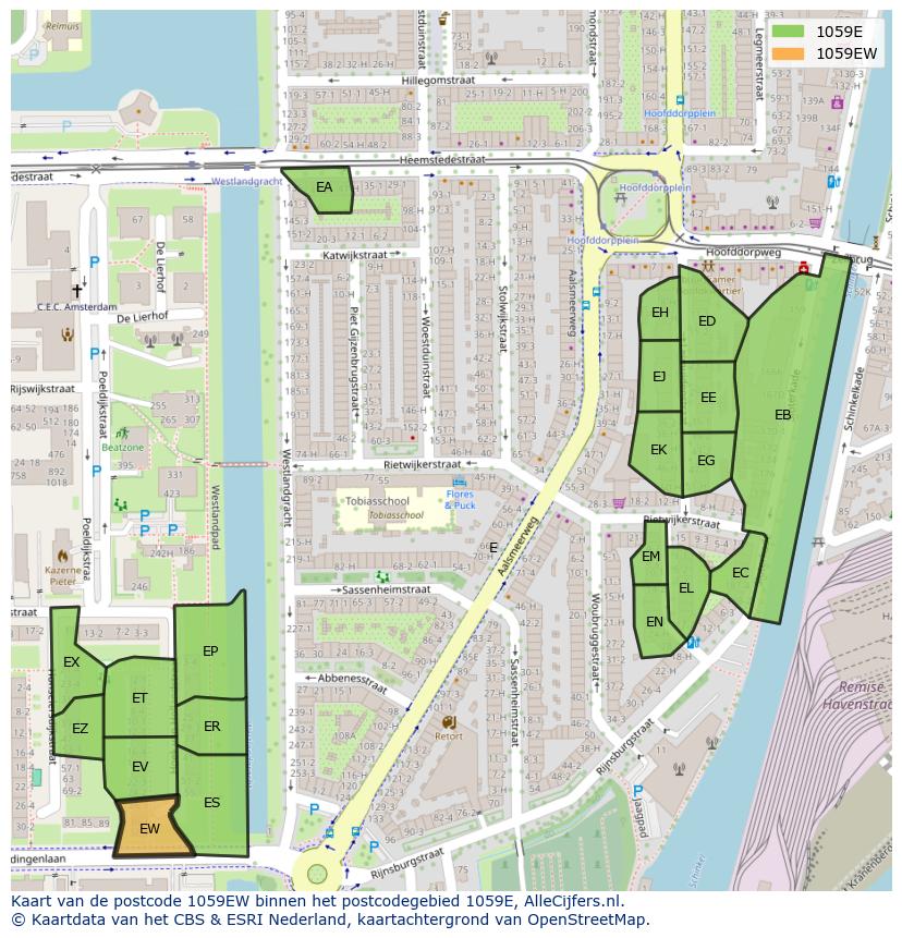 Afbeelding van het postcodegebied 1059 EW op de kaart.