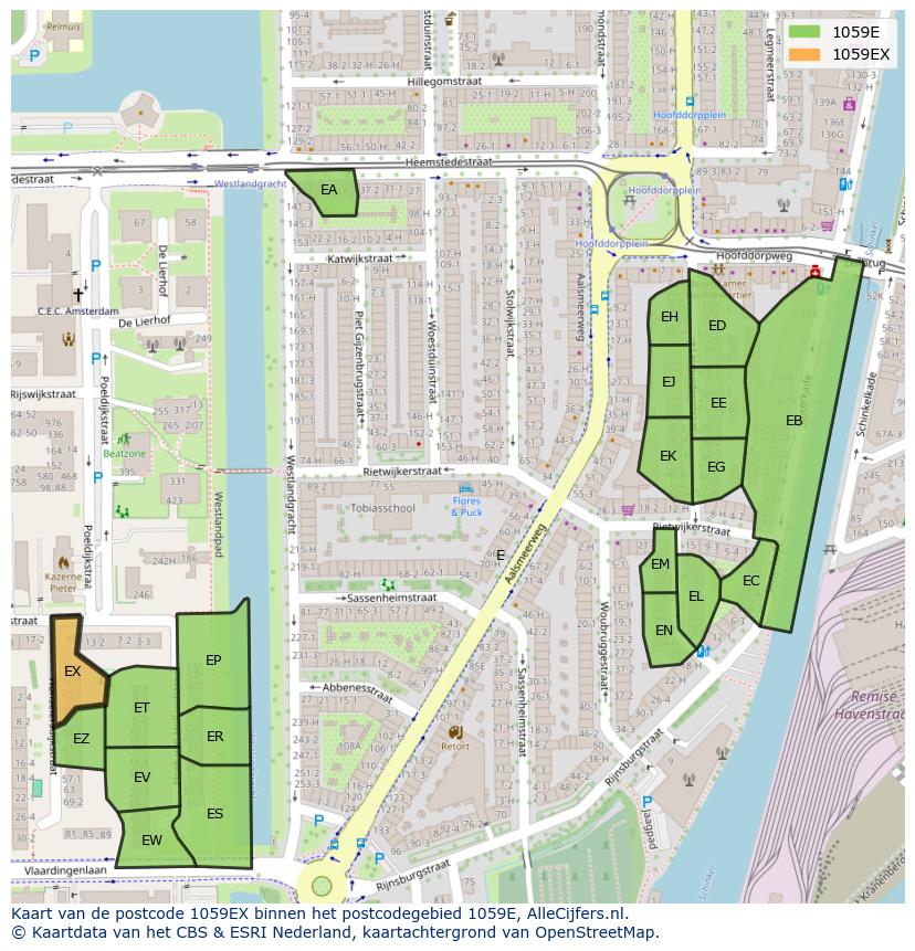 Afbeelding van het postcodegebied 1059 EX op de kaart.