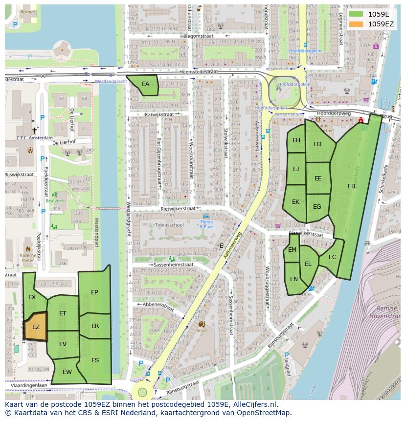 Afbeelding van het postcodegebied 1059 EZ op de kaart.