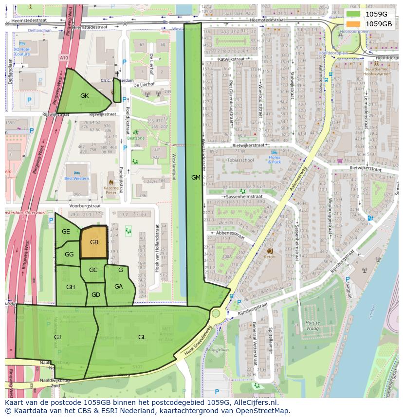 Afbeelding van het postcodegebied 1059 GB op de kaart.
